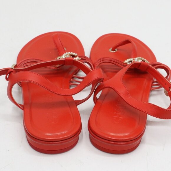 Chanel Lambskin Pearl Crystal CC Thong Sandals Red Size 40/US 10 - Picture 16 of 16